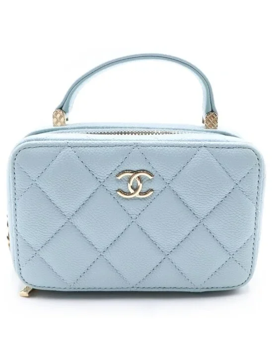 Chanel Quilted Vanity Chain Shoulder Bag Gold Caviar Leather Light Blue