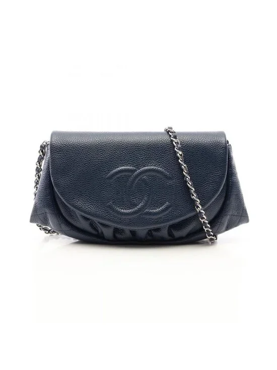 Chanel Shoulder Bag Half Moon CC Logo Navy Caviar Leather CC Chain Wallet