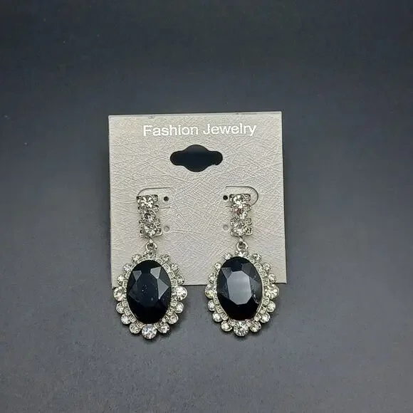 Black Oval Rhinestone Drop Earrings
