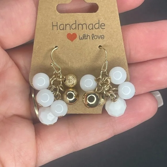 Handmade Gold and White Dangle Earrings