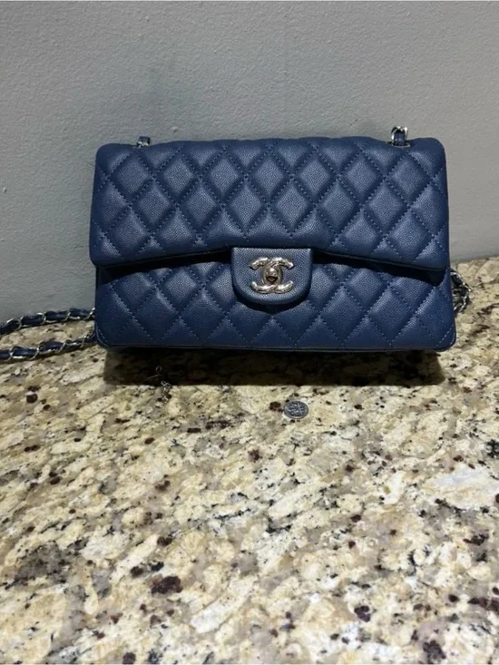 CHANEL Navy Quilted Leather Shoulder Bag with Silver Hardware