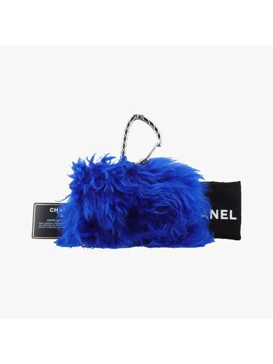 Chanel Shearling CC Hook Card Holder Blue Wool