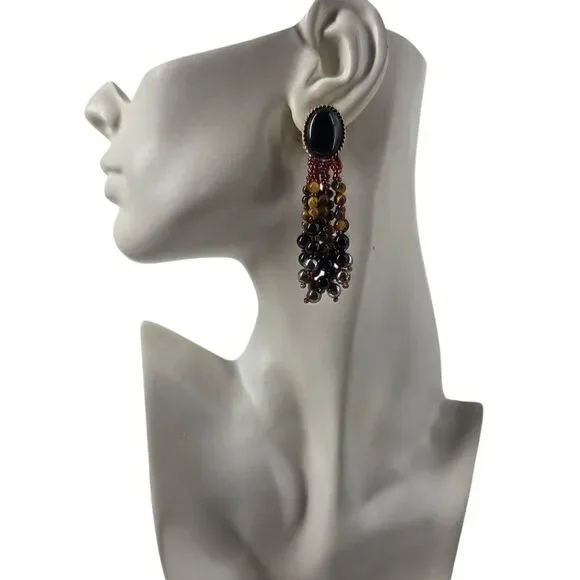 1980s Black Glass Beaded Fringe Clip-On Earrings | Statement 3.6