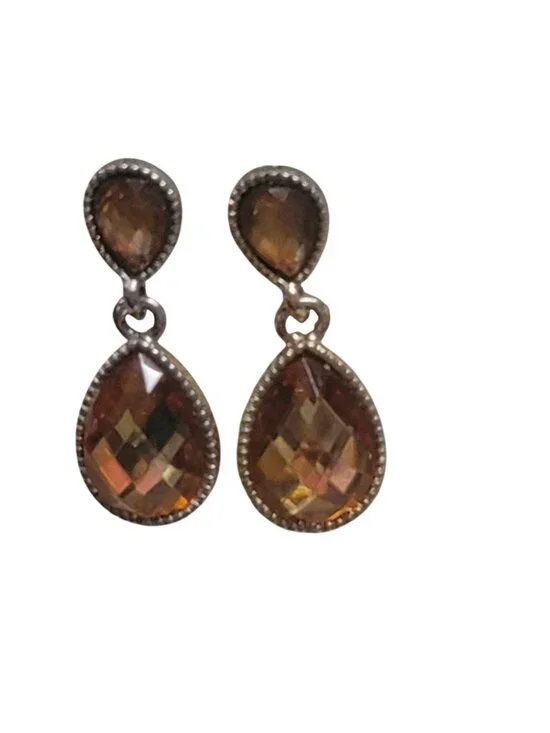 Faceted Amber-Colored Teardrop Silver-tone Dangle Earrings Vintage Look