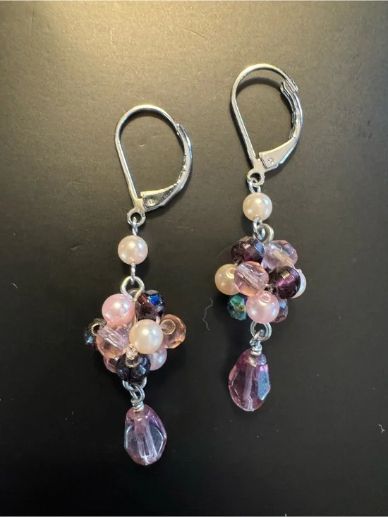 Pearl & Amethyst Bead Cluster Leverback Earrings - Cottagecore