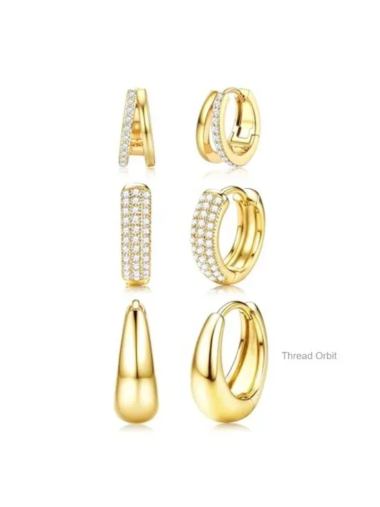 3 Pairs Small 14K Gold Plated Hoop Earrings Set Hypoallergenic Huggie Earrings