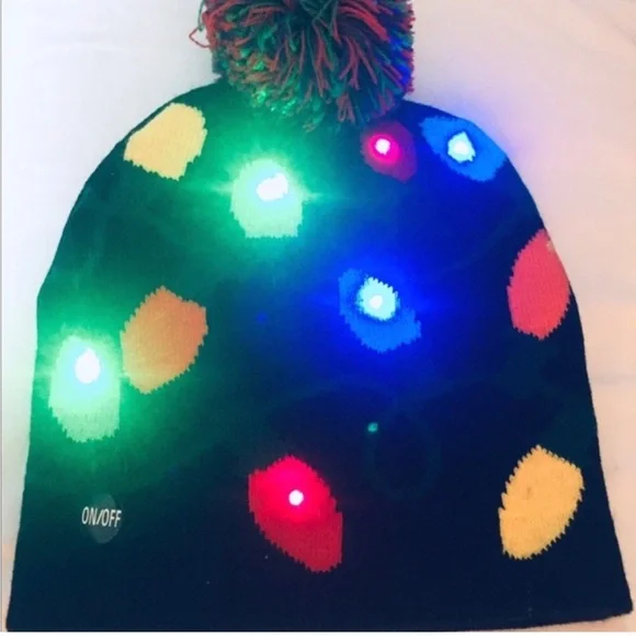 Kids LED Pom Beanie Hat - Multicolor Light-Up Knit