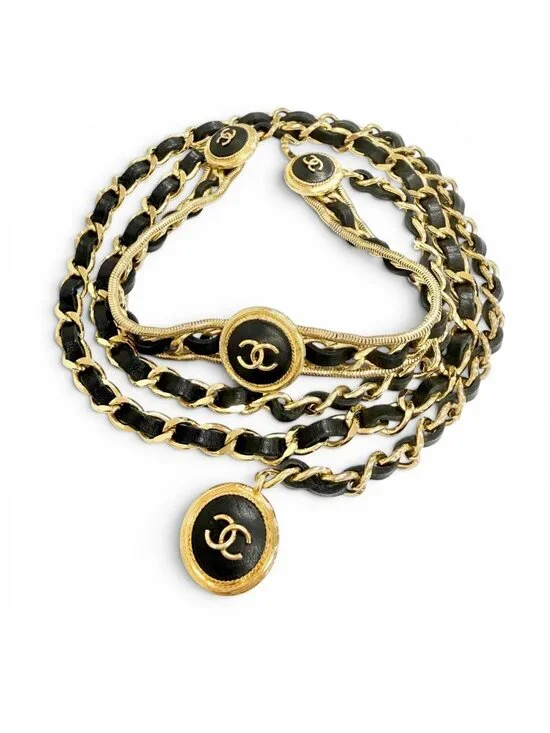 Chanel Vintage CC Logo Clover Leather Chain Belt Gold Black Recommended