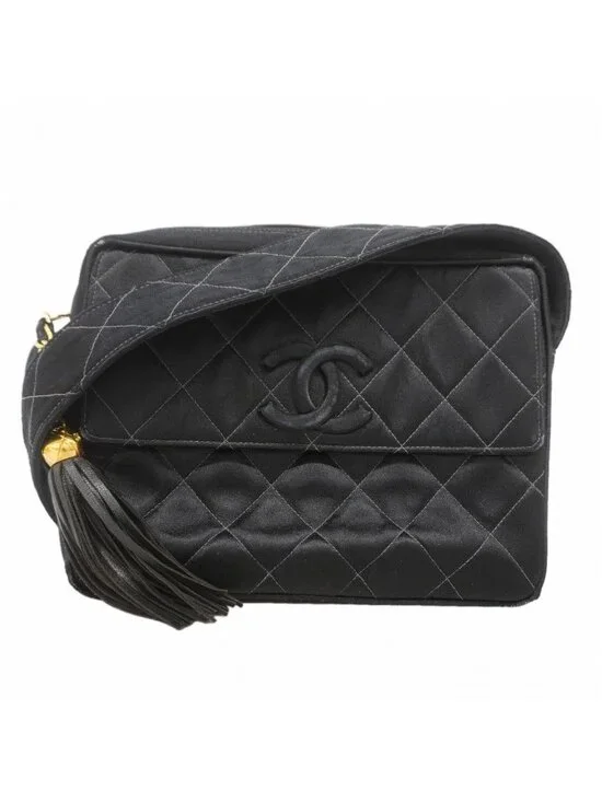 Chanel Shoulder Bag Quilted Satin Black Gold
