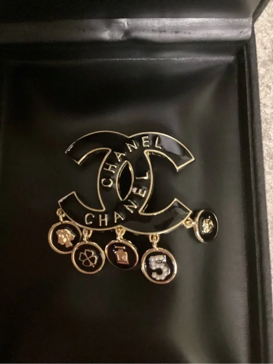 CHANEL Black and Gold CC Logo Charm Brooch