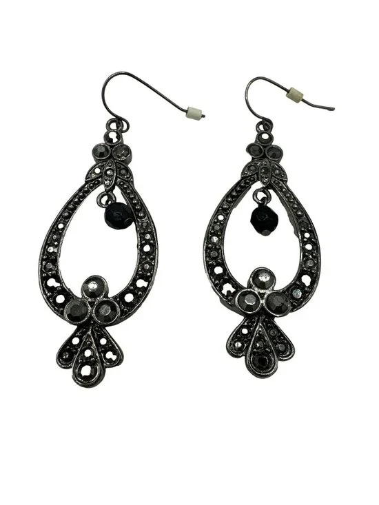 Teardrop Earrings Rhinestone Dangle Drop Gunmetal Gray Boho Intricate  2.5