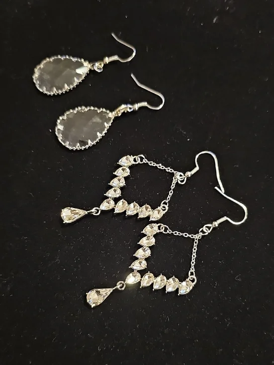 2 Pair Of Crystal Drop Dangle Earrings - Silver Tone. Chandelier Prong Set Stone