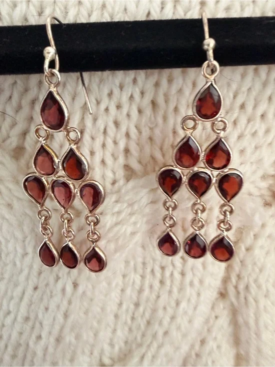 Sterling Silver Teardrop Garnet Dangle chandelier Earrings