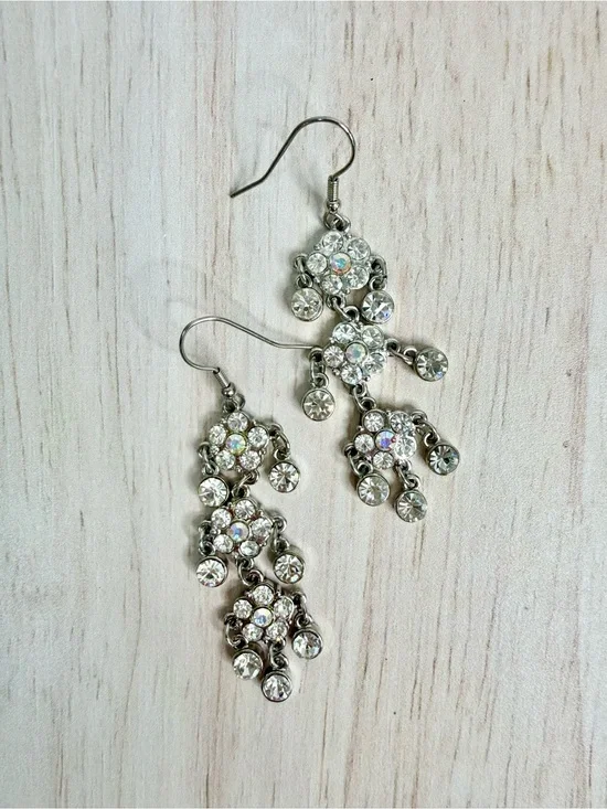 Silver Crystal Dangle Earrings - Clear Rhinestone Chandelier