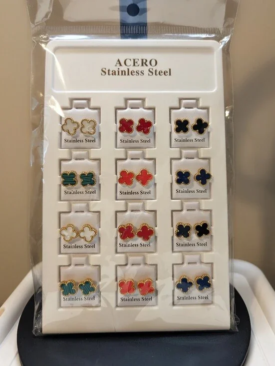 12 Pairs Clover Stainless Steel Stud Earrings| Colorful Gift Set| New