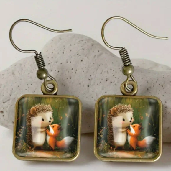 hedgehog fox earrings animal print square crystal glass‎ dangle