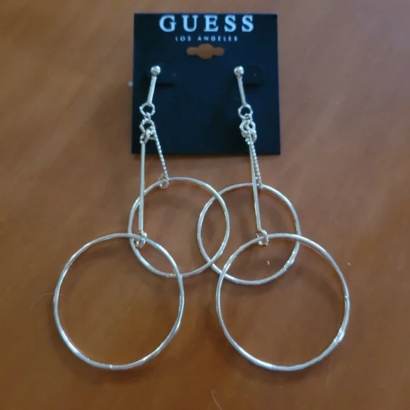 Guess 90's Gold Circle Long‎ Dangle Statement Earrings