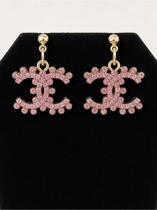 Chanel Gold-Tone Pink Crystal CC Drop Earrings