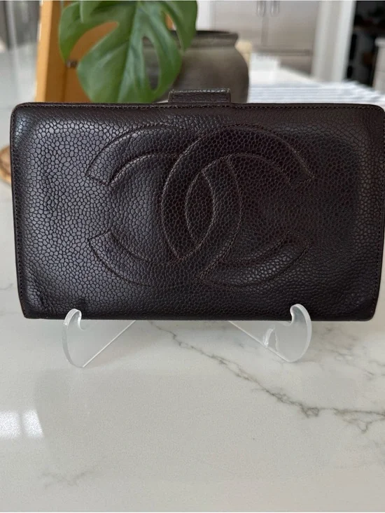 CHANEL Dark Brown Quilted Caviar Leather Wallet with CC Logo