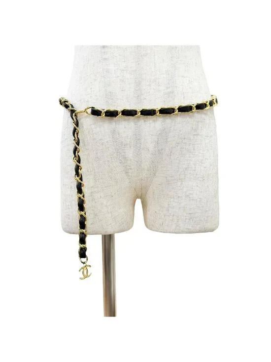 Chanel Vintage Leather Chain Belt with CC Logo Charm Gold Black Recommended