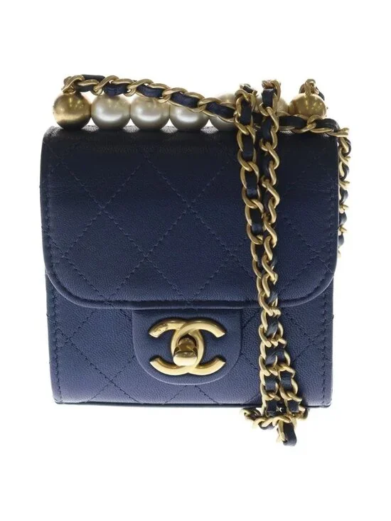 Chanel Mini Quilted Chain Shoulder Back Gold Goatskin Navy