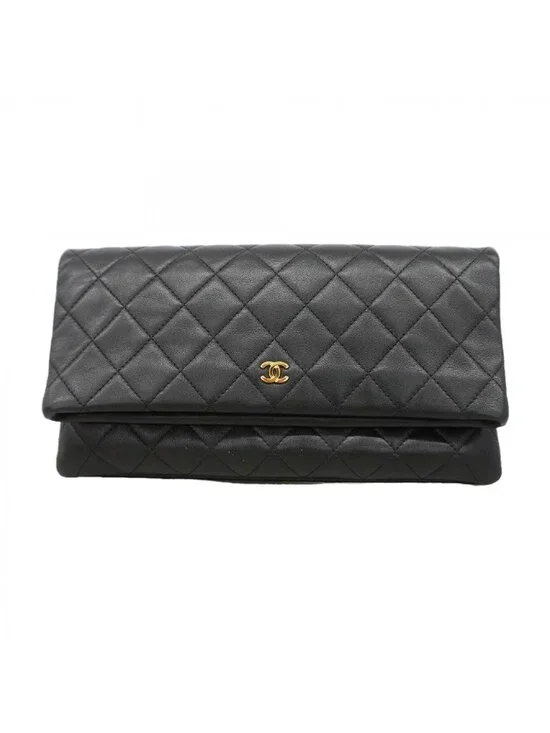 Chanel Clutch Quilted Lambskin Black Gold
