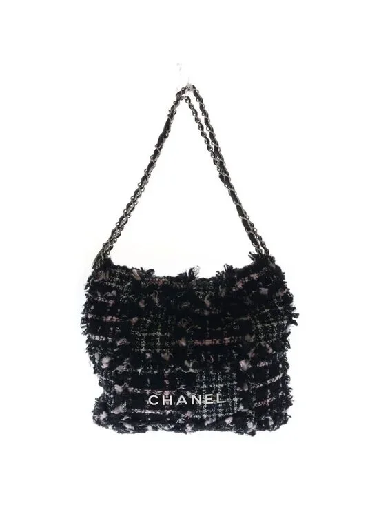 Chanel 22 Small Chain Tote Black Pink Tweed Silver
