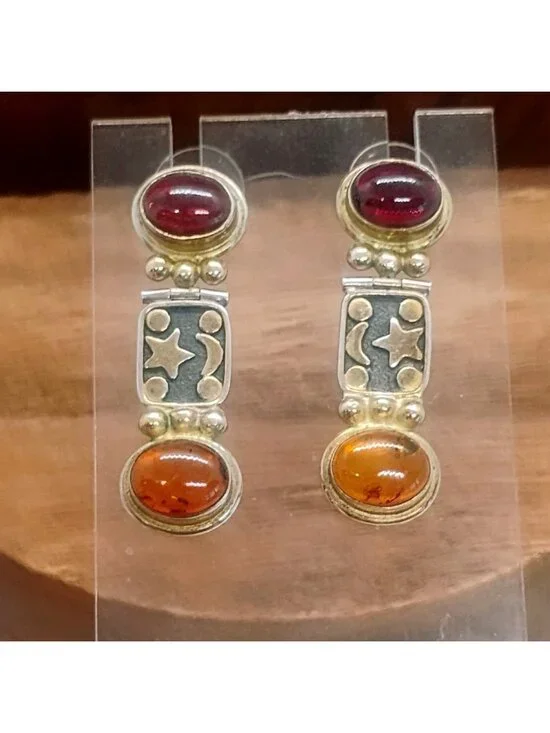 Celestial Moon Stars 925 Sterling Silver Mixed Metal Earrings w/Amber & Garnet