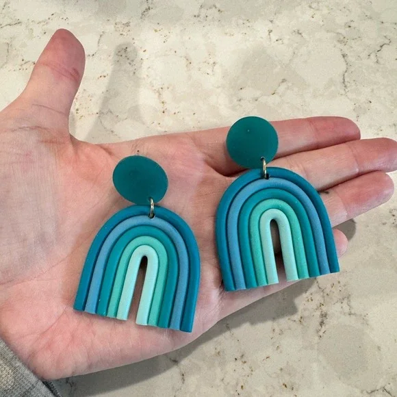 Teal Blue Feminine Colorful Rainbow Statement Earrings Boho Polymer Clay‎ Dangle