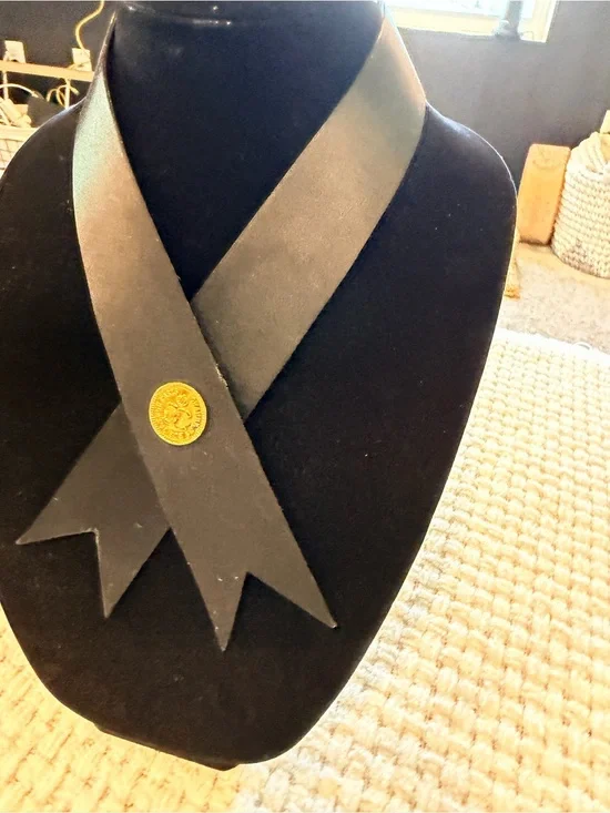 Chanel Black Ribbon-Style Leather Neck piece with Gold Medallion