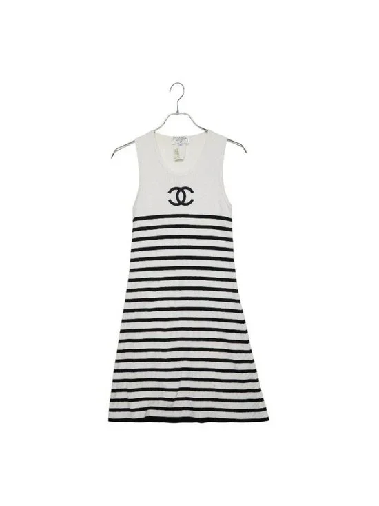 Chanel CC Logo Sleeveless Border Knit Dress 36 White Black Cotton