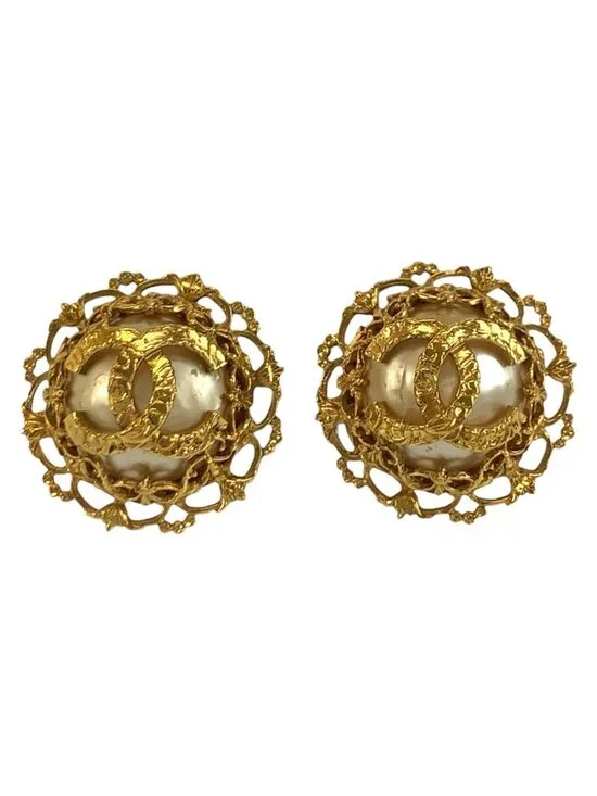 Chanel Vintage CC Logo Gold Plated Faux Pearl Earrings
