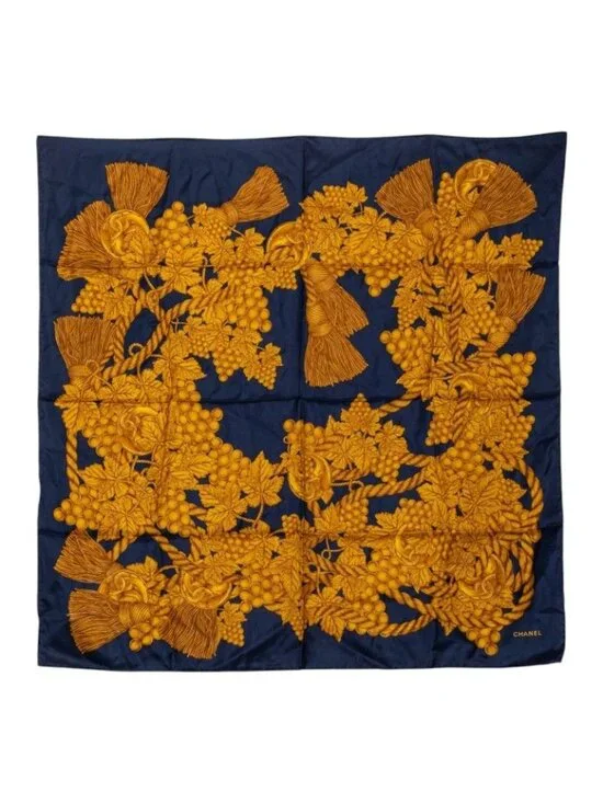 Chanel Grape Scarf Navy Yellow Silk