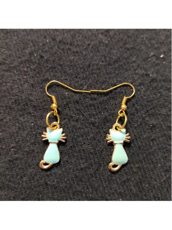 Gold Tone Pastel Blue Enamel Kitty Cat Dainty Delicate Drop Statement Earrings