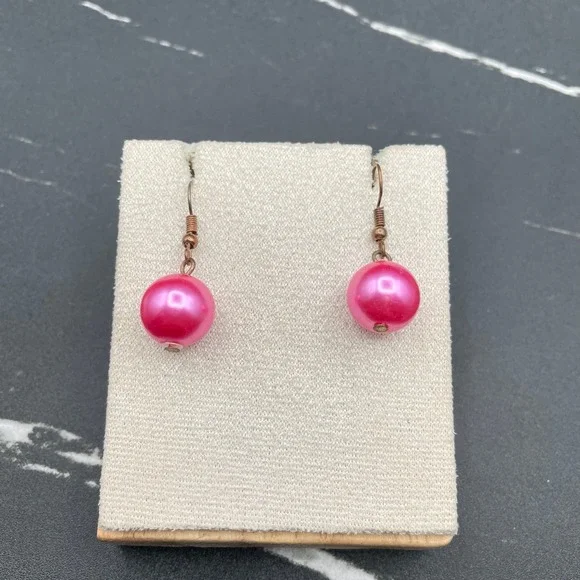 Vintage‎ Bronze-Tone Fuchsia Pink Round Beaded Drop Dangle French Hook Earrings