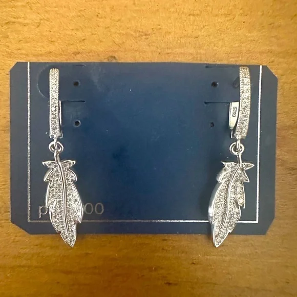 925 Silver with Faux Diamonds Feather Dangle Drop Earrings