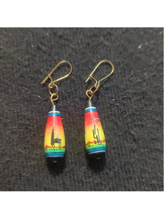 Southwestern Sunset Llama and Cactus Scene Wooden Beaded Drop Statement Earrings