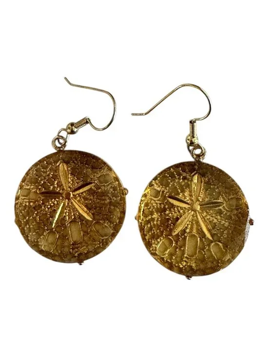 Vintage Gold Tone Sand Dollar Dangle Earrings Honey Amber Acrylic Beach Coastal