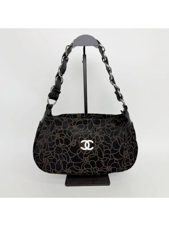 Chanel Camellia Print CC Logo Chain Shoulder Bag Suede Leather Black Silver