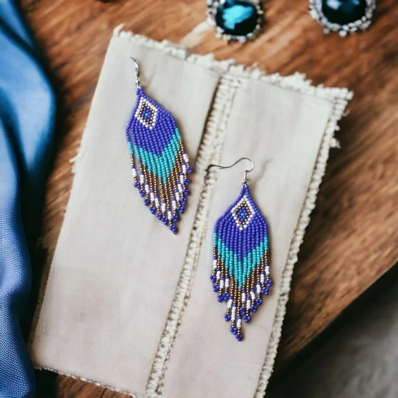 Rhombus Shape Colorful‎ Beaded Tassel Dangle Earrings Bohemian Ethnic Style