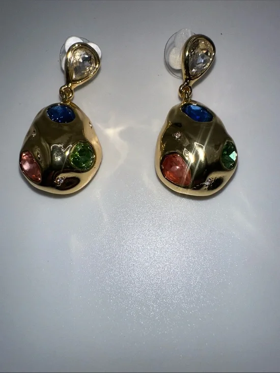 Fashion Jewelry Gold-Tone Drop Earrings with Blue, Green, and Pink Stones