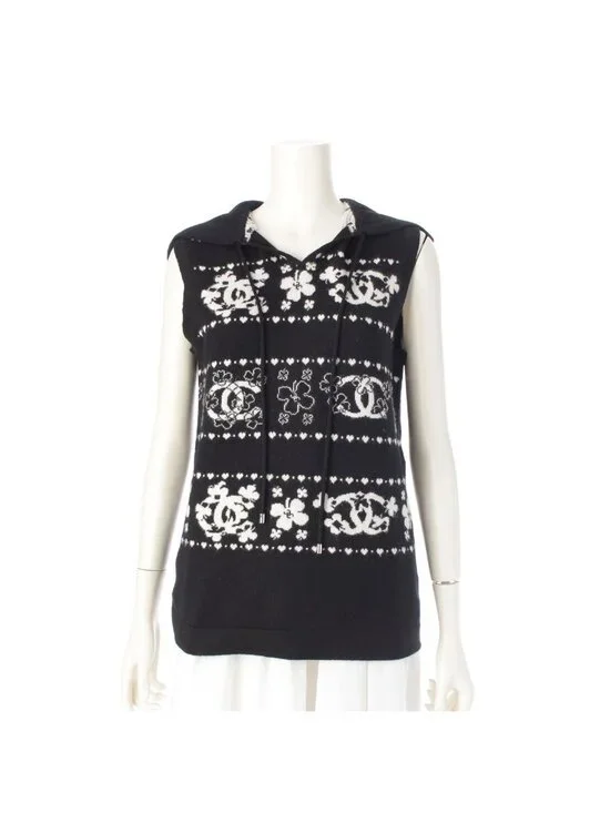 Chanel Cashmere Cotton CC Logo Clover Hoodie Knit Vest Top Black White 38