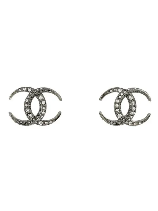 Chanel Earrings CC Logo Silver Plated Rhinestone