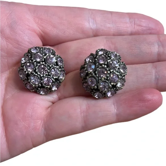 Vintage Silver Toned Purple Rhinestone Clip On Earrings