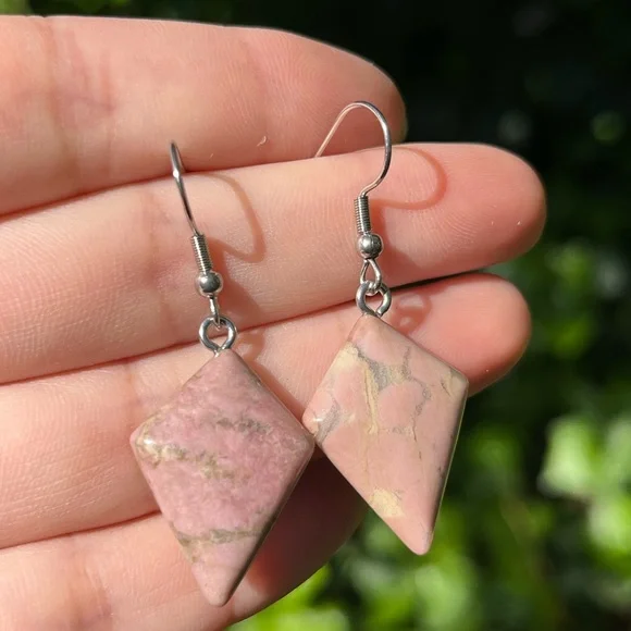 Stainless‎ steel pink rhodonite diamond shape drop earrings
