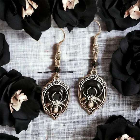 Gothic Retro Style Black Gemstone Spider Earrings Faux Fashion Jewelry‎