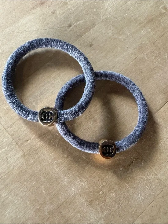 CHANEL Grey Velvet Hair Rings with Gold CC Medallions