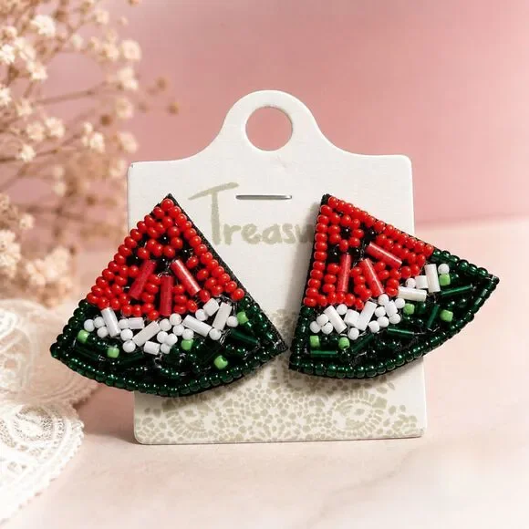 Watermelon Beaded Stud Earrings, Seed Bead Fruit Earrings, Boho Summer Jewelry