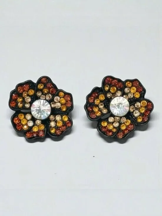 Floral Rhinestone Stud Earrings | Bronze Copper Crystal Flower Statement / NWT