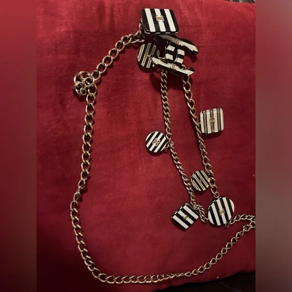CHANEL Gold Chain Belt with Black and White Striped Enamel Charms